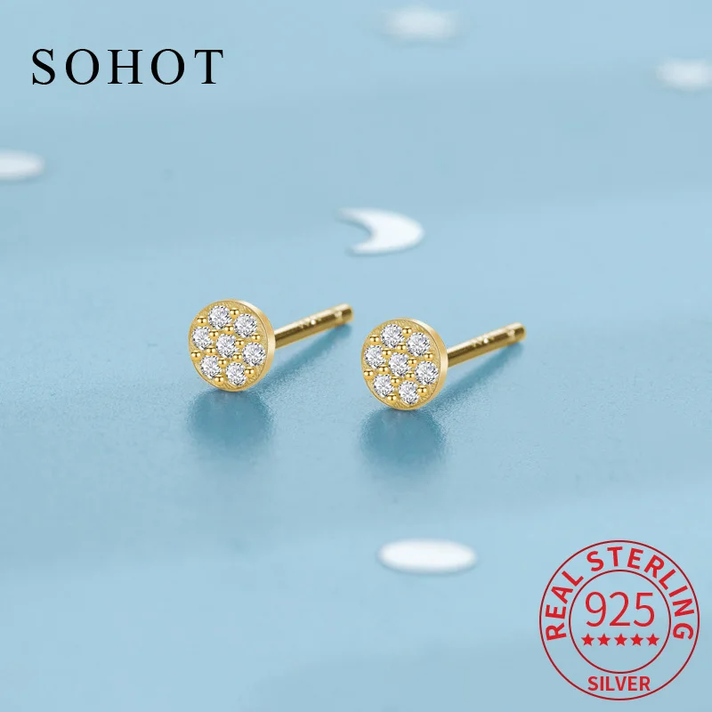 Real 925 Sterling Silver Round Geometric Sparkling Zircon Stud Earrings for Charm Women Trendy Fine Jewelry Accessories