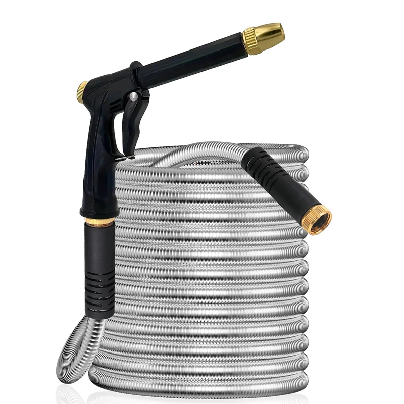 

Garden Hose 25FT Stainless Steel Water Hose with 10 Functions Adjustable Spray Nozzle Heavy-Duty Metal Garden Hose Flexible