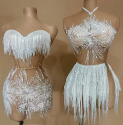 Sexy Mesh Two Pieces Dance Outfit Performance Singer Costume Party Club Show Wear Glitter Pearls Fringes White Women's Dress