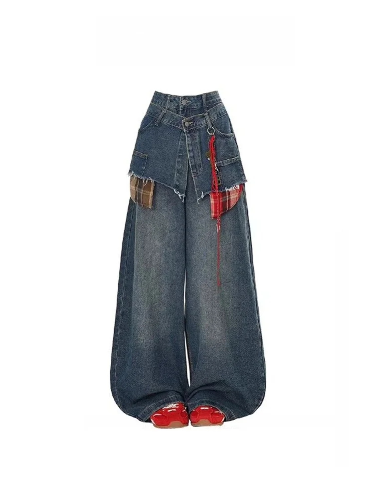 アメリカンスレレトロチェック柄ワイドレッグルーズジーンズレディース205春夏新デザインカジュアルハイウエストロングパンツ