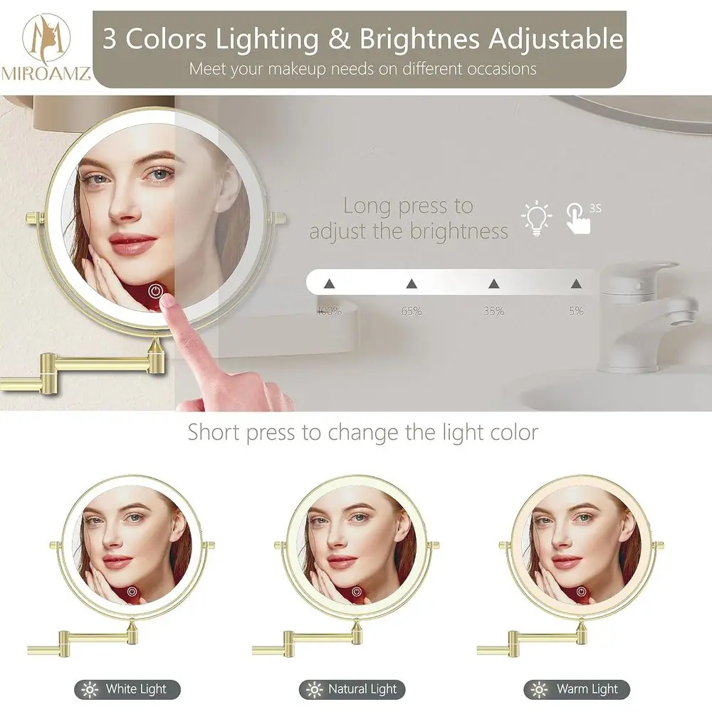 9 مرآة زينة LED مزدوجة الجوانب مع تكبير 1X/10X، 3 أوضاع إضاءة، تعتيم باللمس، 360 درجة ° دوران، ذهبي #3