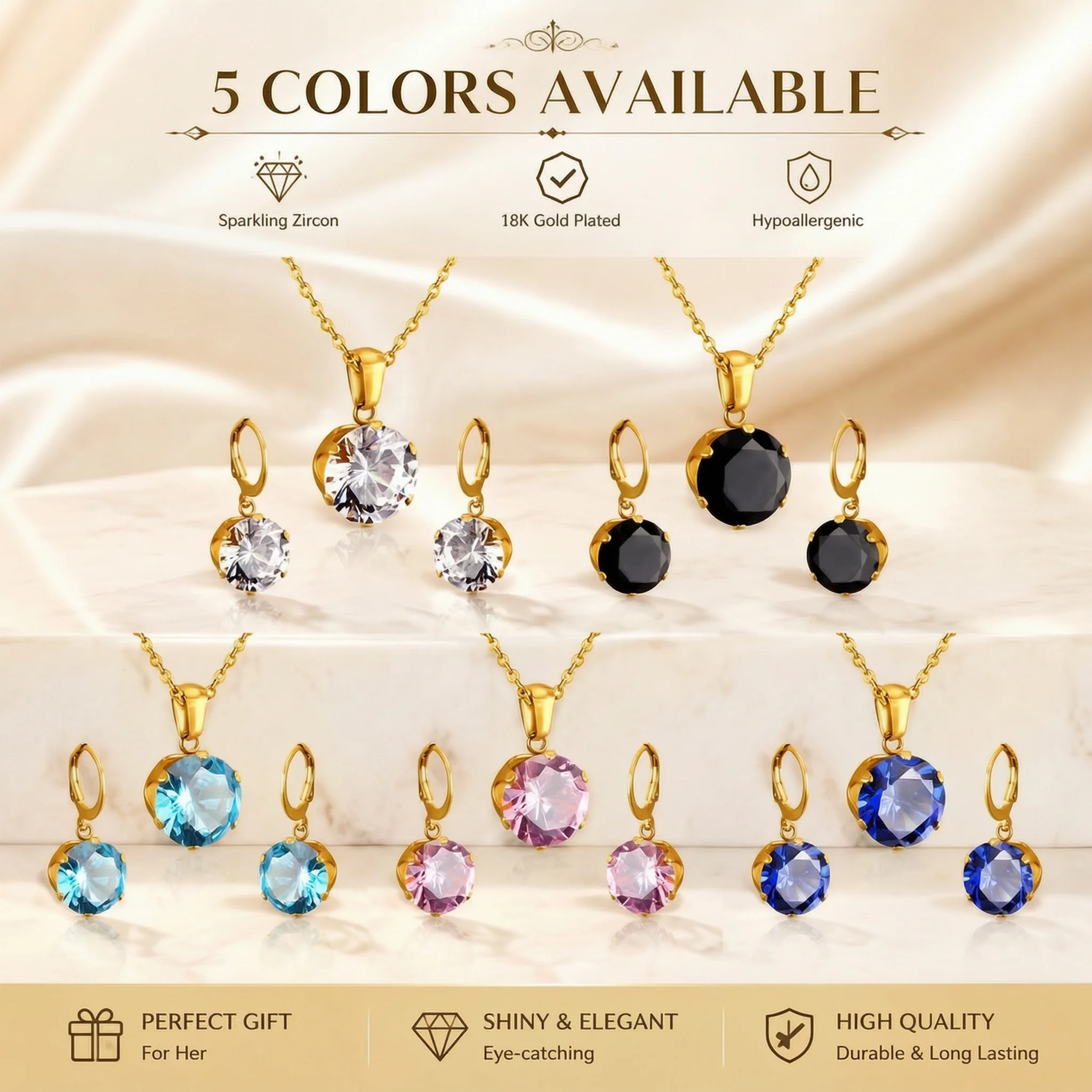 6‑Prong Round Zircon Earring&Necklace Set Stainless Steel Vintage Jewelry Sweet Romantic Minimalist Versatile Accessory 5 Colors