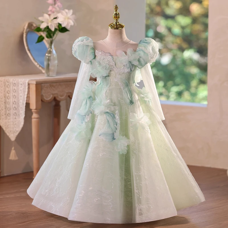 

Kids Girls Long Sleeve Princess Party Dress Host Piano Performance Children Birthday Celebration Pageant Formal Evening Gowns