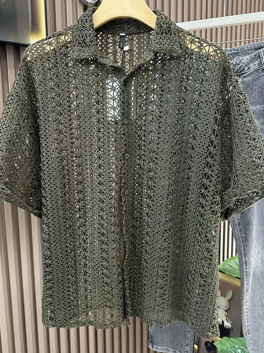 Sexy Hollow out Knitted Cardigan Men's Twist Rope Green Short Sleeve Shirt Southeast Asia Mesh See through Wool Shirt