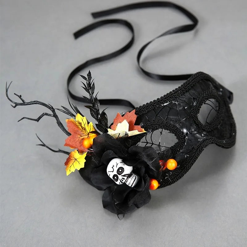 Máscara de Halloween de media cara para mujer, calavera de terror negra, maquillaje, bola, fiesta, chica, máscaras para ojos, diosa, accesorio de disfraz Cosplay