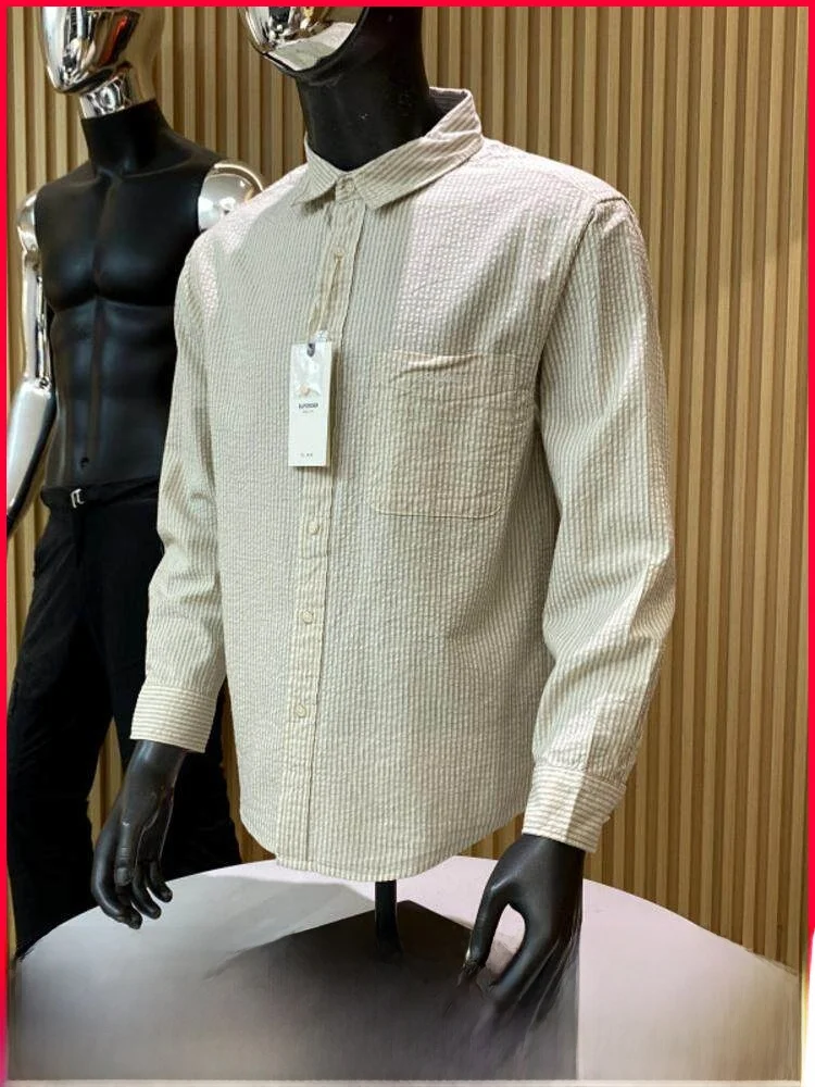 

Повседневная мужская рубашка из хлопковой пузырчатой ткани с длинными рукавами, универсальная весенняя рубашка свободного кроя, удобная, дышащая, в молодежном стиле