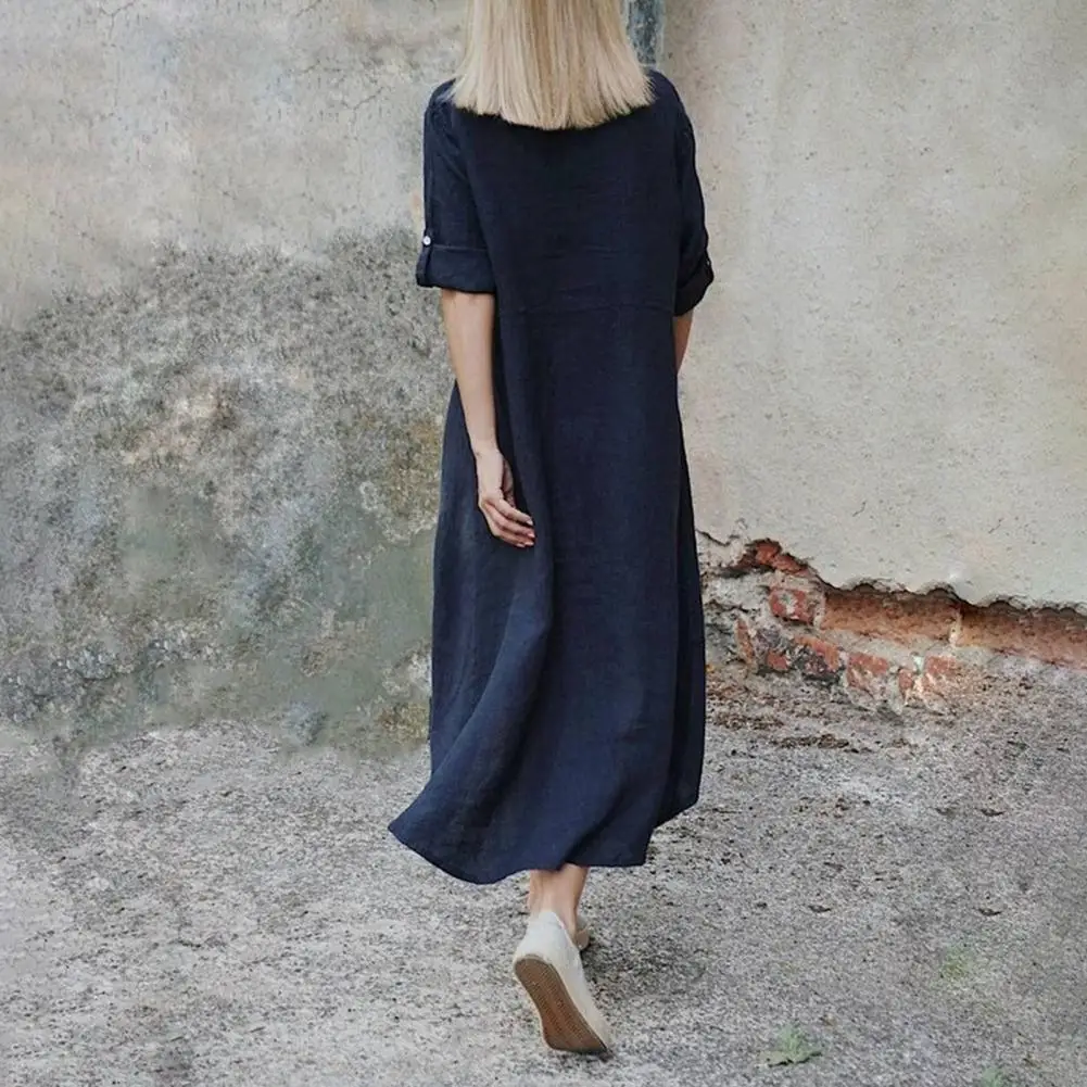 

A-line Dress Stylish Irregular Hem Midi Dress Long Sleeves Lapel Solid Color for Fall Summer Fashion Women Loose Fit Dress