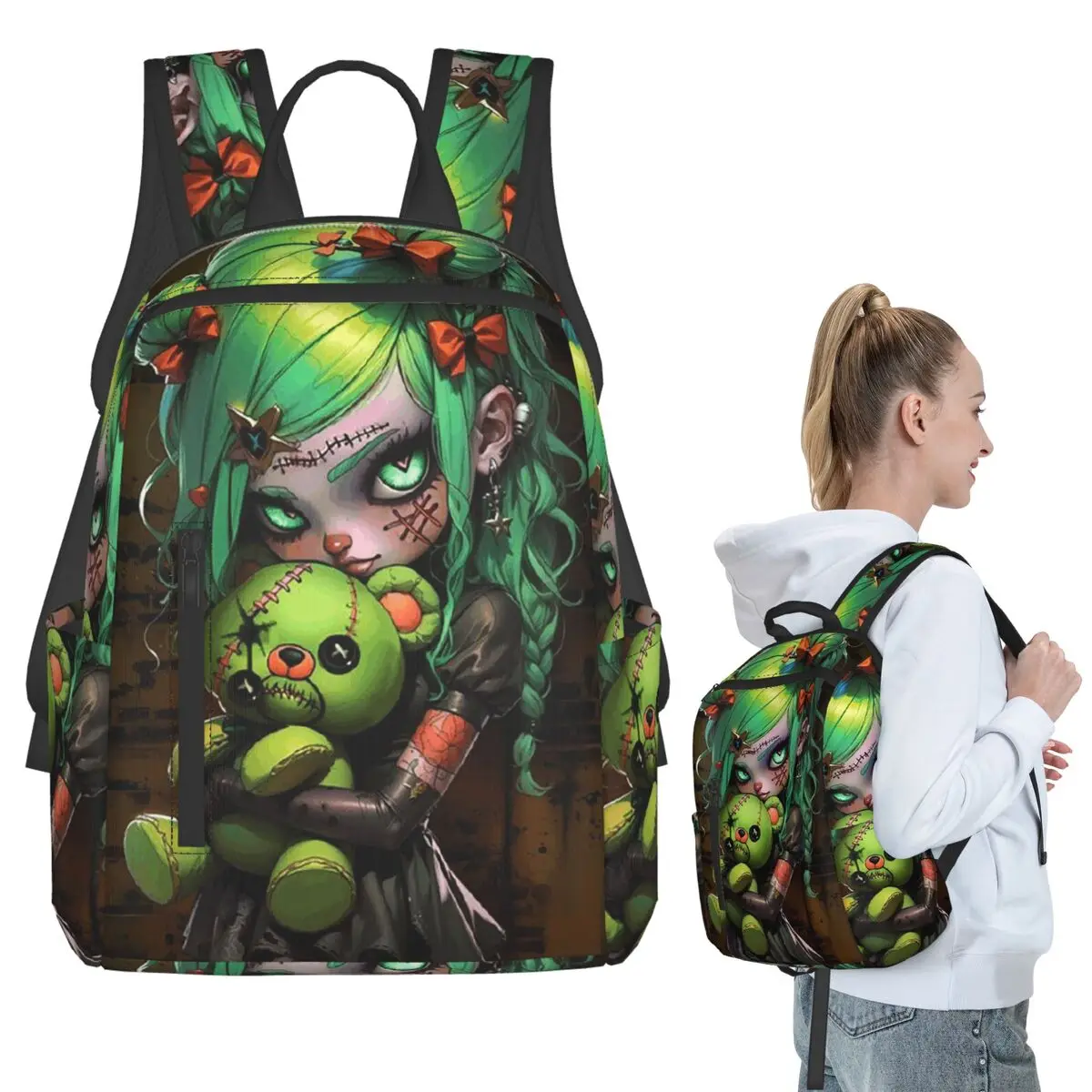 

Cartoon Gothic Girl And A Bear Doll Backpack Student BookBag Children School Bag Laptop Shoulder Bags Men Women
