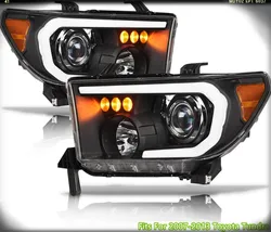 Projector Headlights With White LED Light Bar - Black Amber Fits 2007-2013 Toyota Tundra / 2008-2017 Sequoia Halogen Models