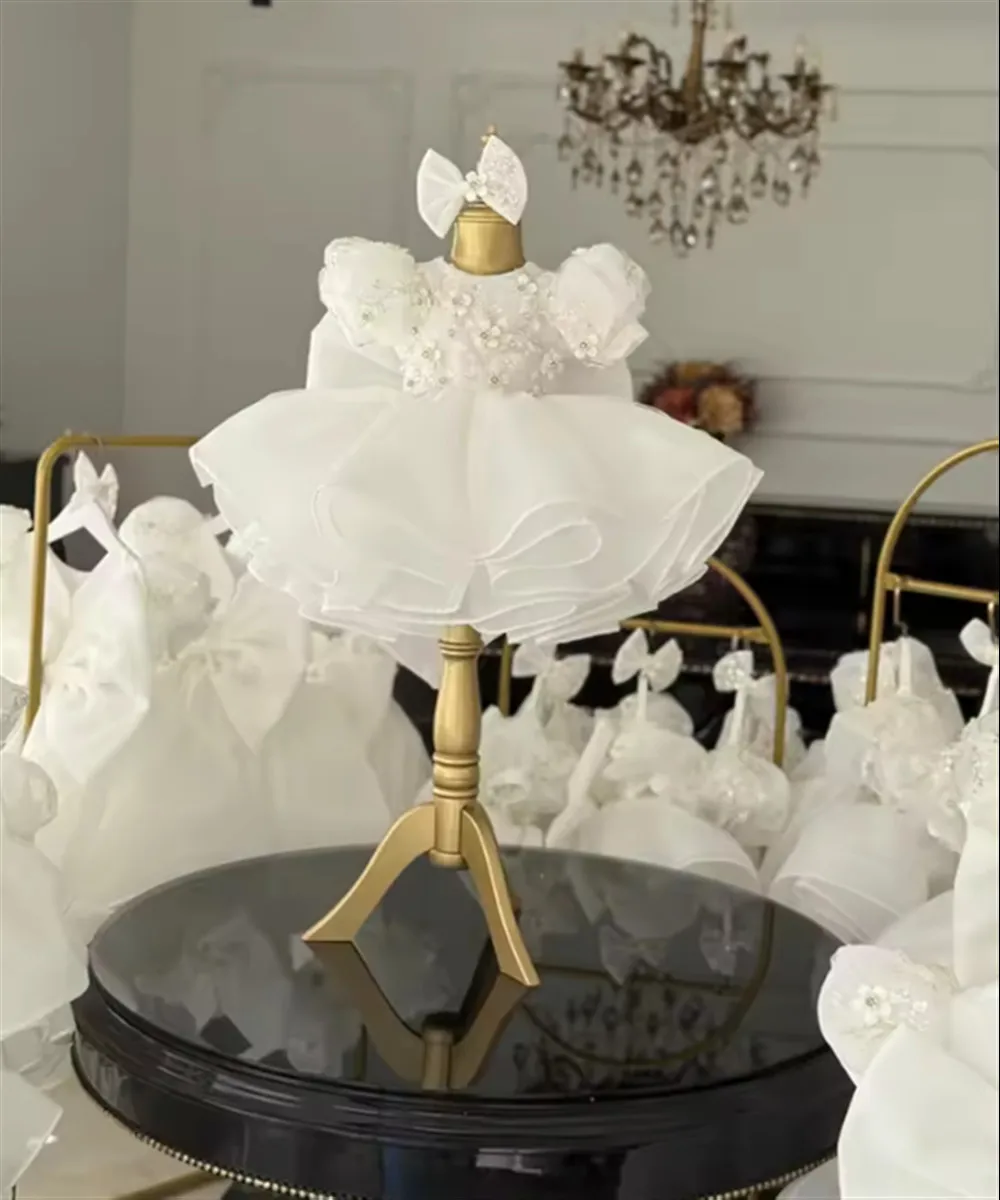 

Luxury White Flower Girl Wedding Dress Appliques Floral with Bow Princess Birthday Party Pageant Dress Kids First Communion Gown