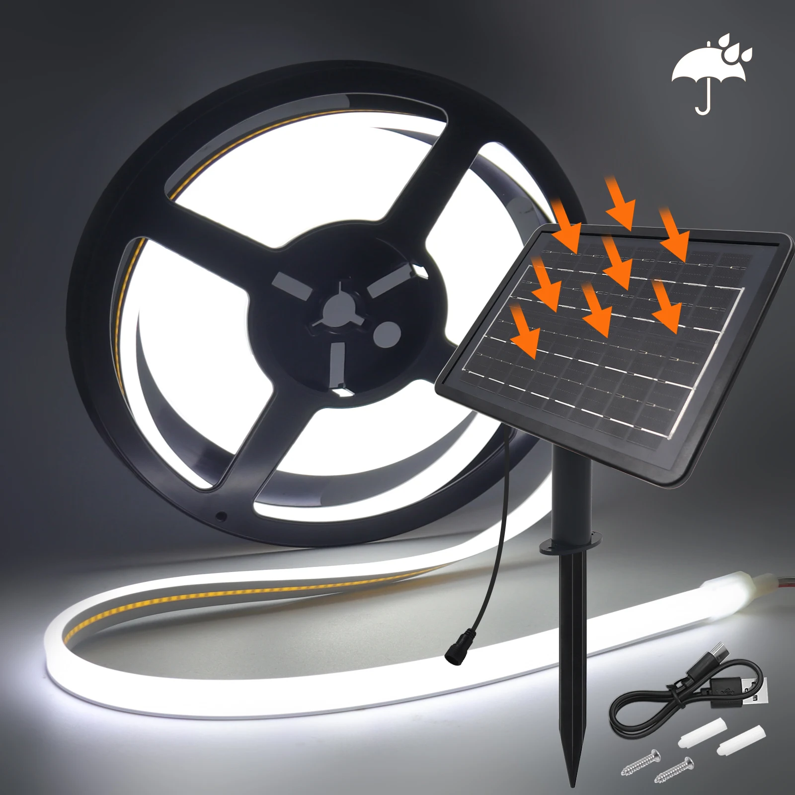 DC 24V Solar Powered COB Neon Strip Waterproof 3000K 4000K 6000K 320Leds/M Home Garden Decor Flexible Ribbon Rope LED Light