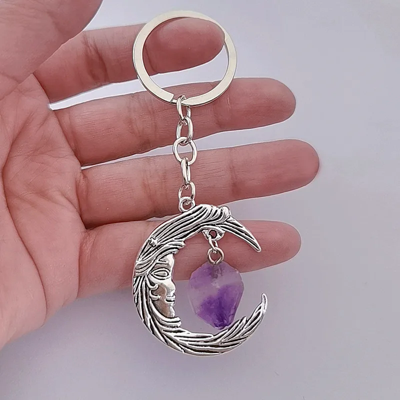Vintage Moon Natural Stone Keychain Amethyst Moon Goddess Fashion Bohemian Jewelry Gift Car Door Lock Key Accessories Gift Trend