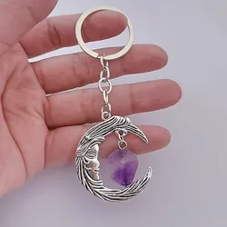 Vintage Moon Natural Stone Keychain Amethyst Moon Goddess Fashion Bohemian Jewelry Gift Car Door Lock Key Accessories Gift Trend