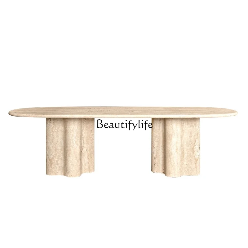 

Wabi Sansan natural Roman travertine rectangular dining table light luxury modern simple marble