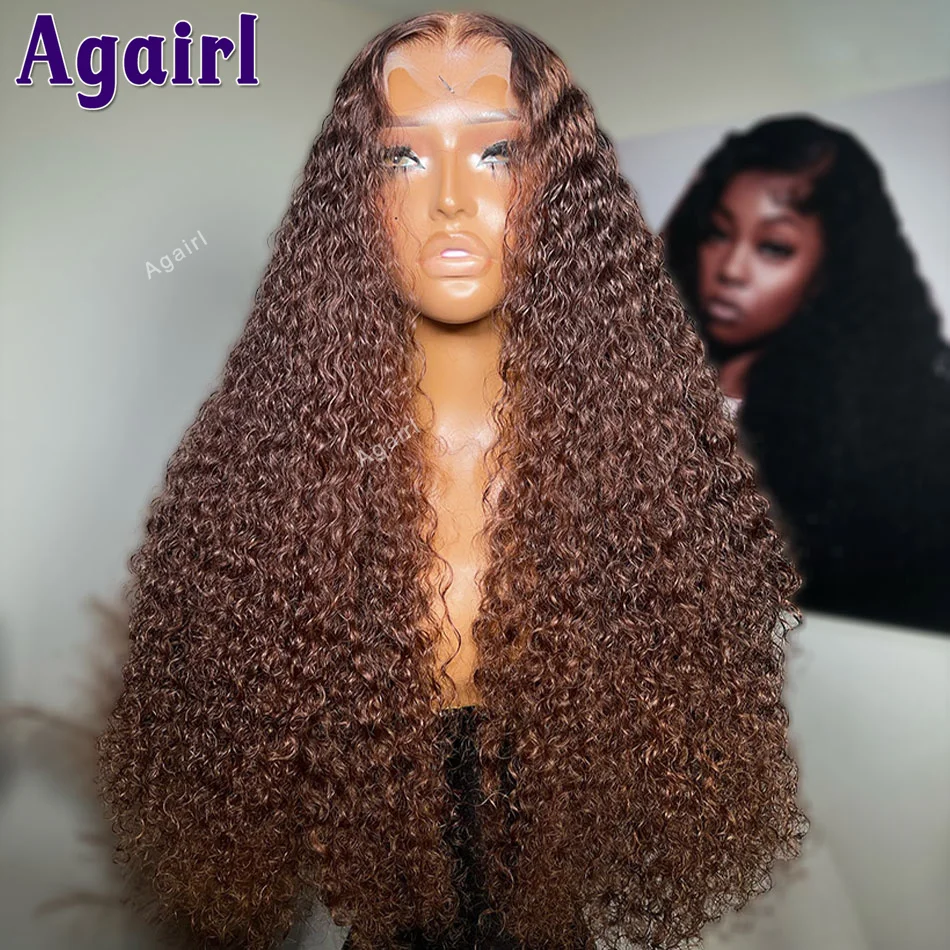 Wig rambut manusia Frontal renda gelombang air coklat coklat untuk wanita transparan 5x5 6X4 Wig penutup renda kepadatan 200% telah dipetik