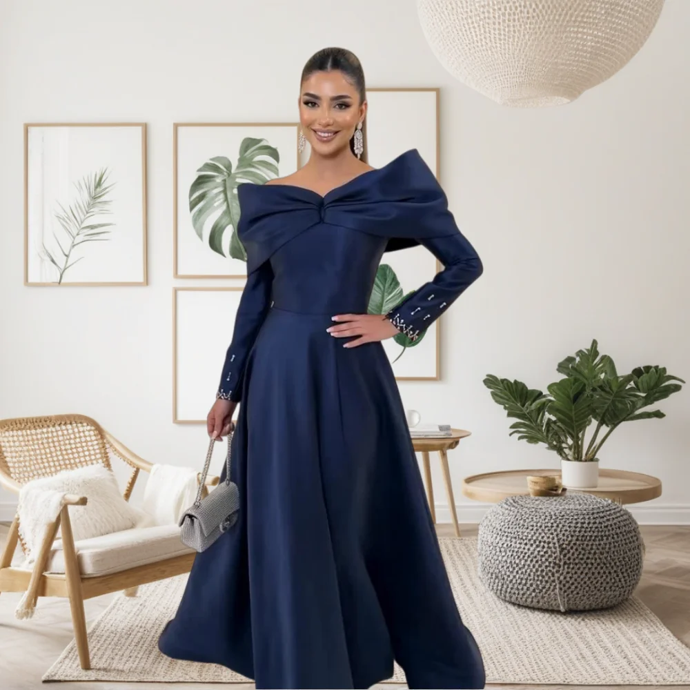 

Customized Navy Blue Matching Luxury Rhinestone Beading A-line Off-the-shoulder Long Dresses Evening Dresses Sizes Available