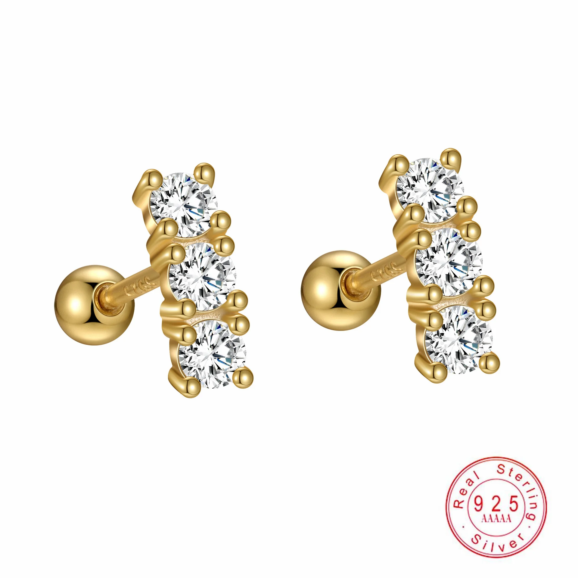 

S925 Sterling Silver Straight Row Zircon Screw Earrings for Women's Fashion Design Light Luxury Temperament Earrings