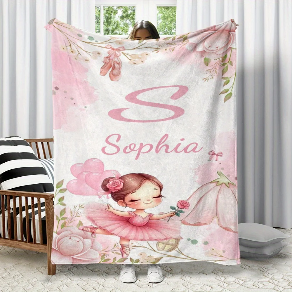 1 customized pink ballet girl and flower flannel blanket made of soft polyester fiber, machine washed, coarse knitted all season