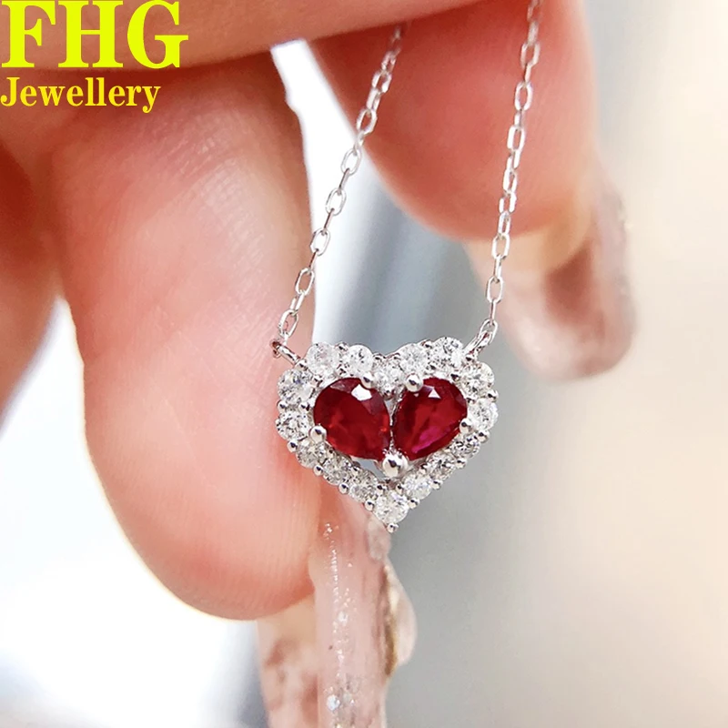 

Natural ruby0.27Ct and Natural Real Diamond 0.19Ct 18K White Gold Heart Necklcae Ladies Birthday Gift Party Wedding Jewelry