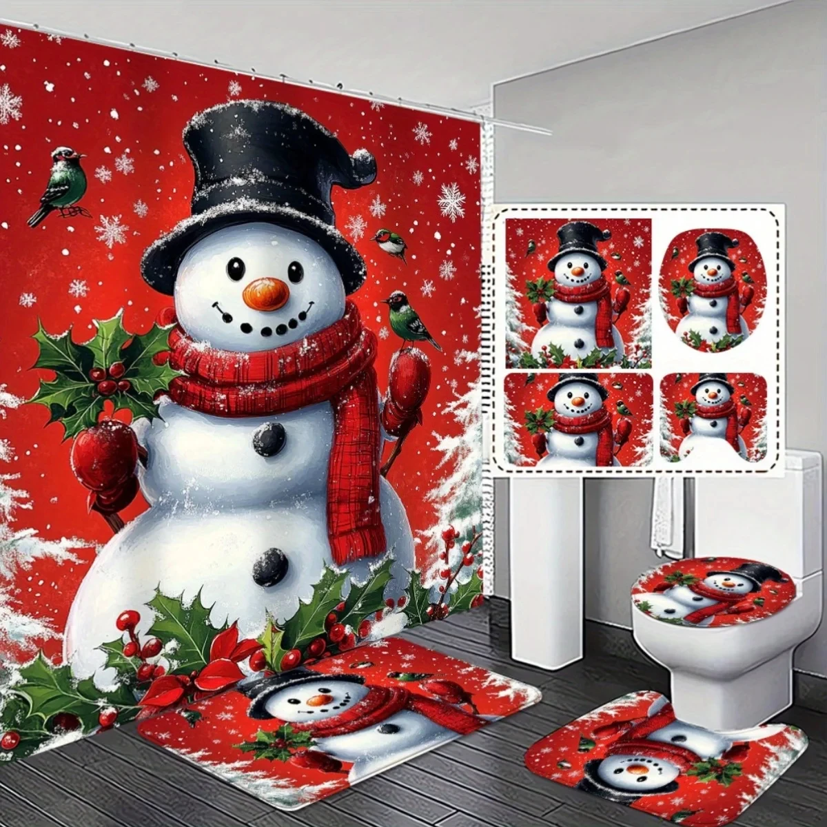 

Рождественский набор декора для ванной комнаты из 4 предметов с нескользящей крышкой для унитаза — рисунок красного снеговика, прочная ткань, можно стирать в машине
