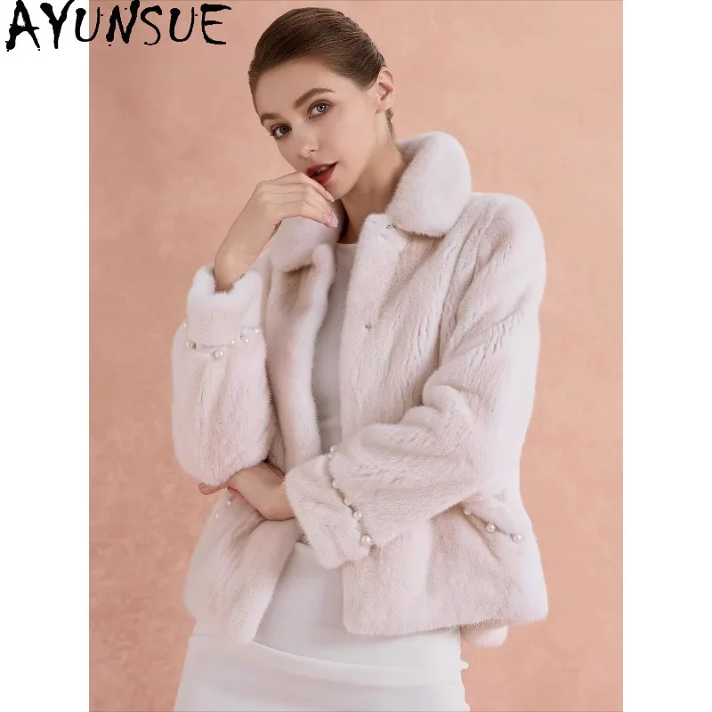 

AYUNSUE Natural Whole Mink Fur Coat Woman Luxury Winter Fur Jacket Elegant Long Sleeve Tops for Woman Clothes Pelliccia Donna