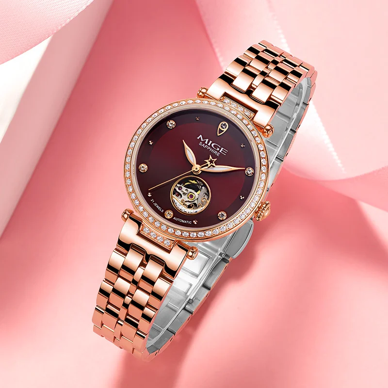 MIGE Ladies Automatic Watch Rose Gold Steel Band Red Dial Inlaid Crystal Hollow Sapphire Luxury Female Mechanical Wristwatch