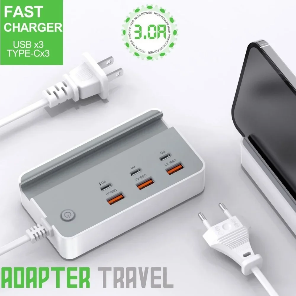 35W Multi Ports USB Power Adapter USB Multiple Expander Switch Docking Stations with Phone Holder For iPhone 16 15 Xiaomi Huawei