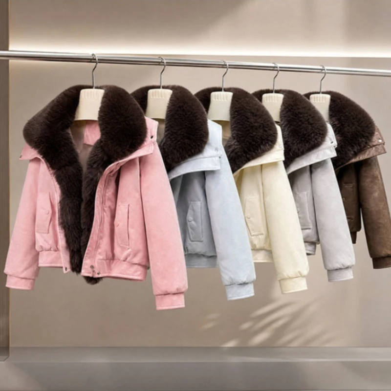 2026 Fashion Winter Suede Short Parka Women's Down Cotton-padded Jacket Big Fur Collar Coat Thicken Warm Loose Leather Outerwear