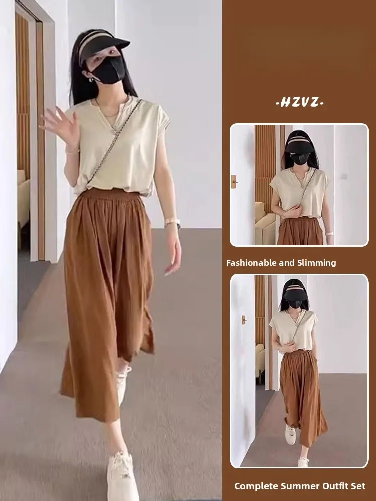 

Retro Hong Kong Style plus Size Women's T-Shirt Top And High Waist Wide Leg Pants Two Piece Set Casual Summer Fashion