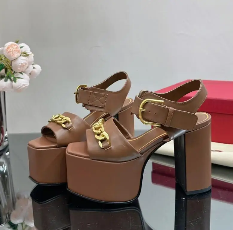 Super High Sexy Ladies Summer Sandal Shoes Chunky Heel Platform Runway T-show Shoes Metal Chain Strap New Arrival Sandalias