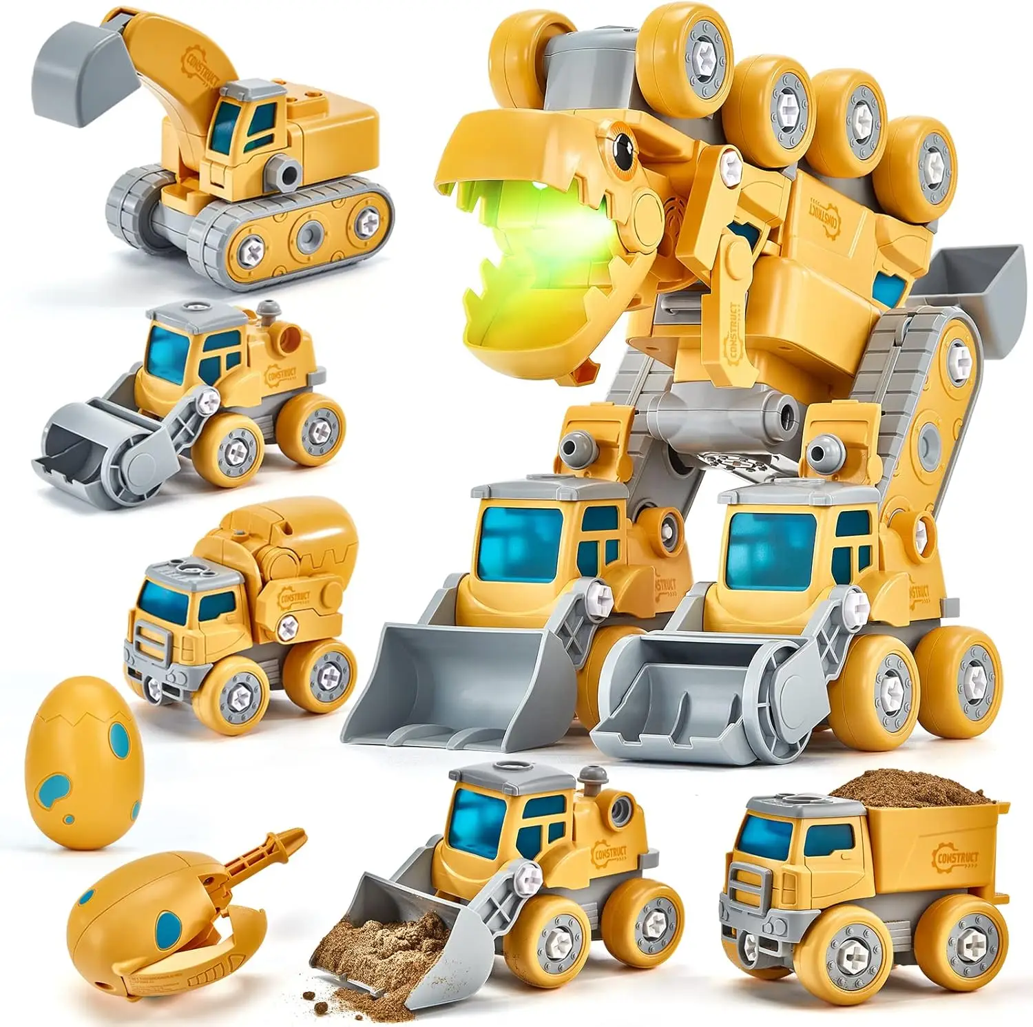 

5-in-1 Transformable Dinosaur Construction Vehicle STEM Toy for Boys Age 5-8 - Building Set with Lights & Sounds