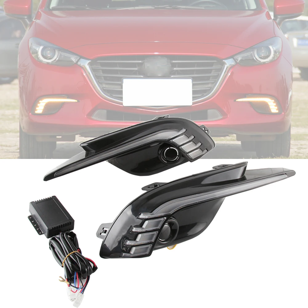 2 Pieces DRL Daytime Running Lights Fog Lamp Cover Headlight 12V Daylight With Turn Signals For Mazda 3 Mazda3 Axela 2017 2018