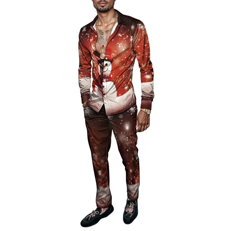 

2025 Spring Men Shirt Set Christmas Print Fashion Gingerbread Man 2 Piece Set Mens Snowman Lightweight Party Long Sleeves