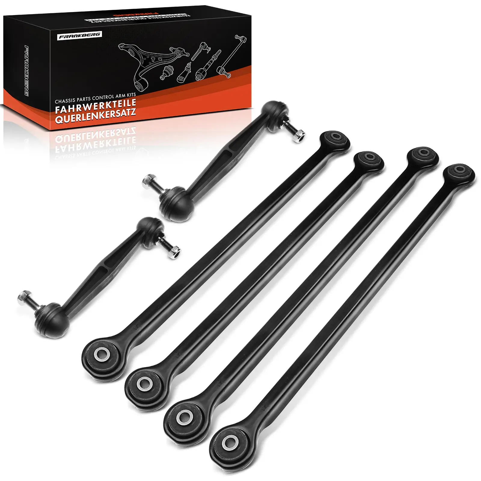 Frankberg 6-delige set achterwielophangingsstangen voor Alfa Romeo 147, 156 Sportwagon en GT, 1997–2010; onderdeelnummers 46802680, 46802682 en 60613575.