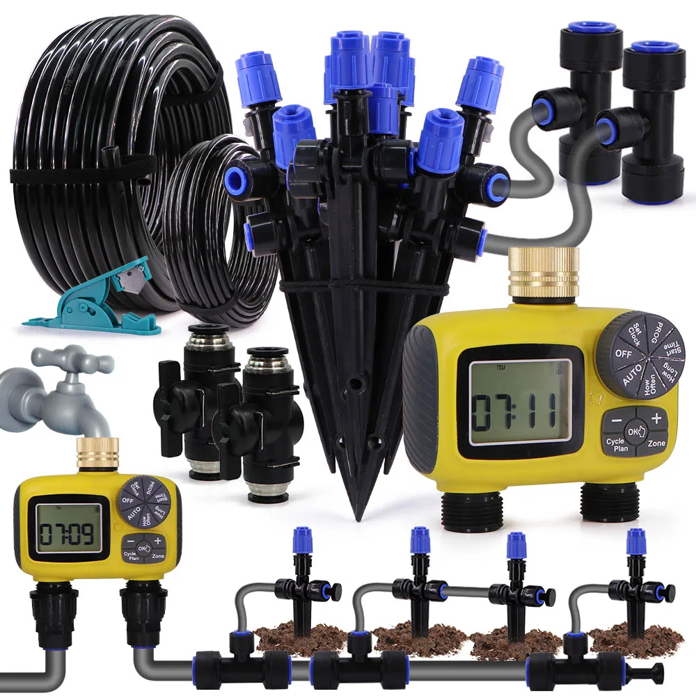 

3/8" Bubbler Irrigation System with LCD Timer 360° Adjustable Sprinklers 12mm PE Hose Kit Quick Connector Garden Plants Watering