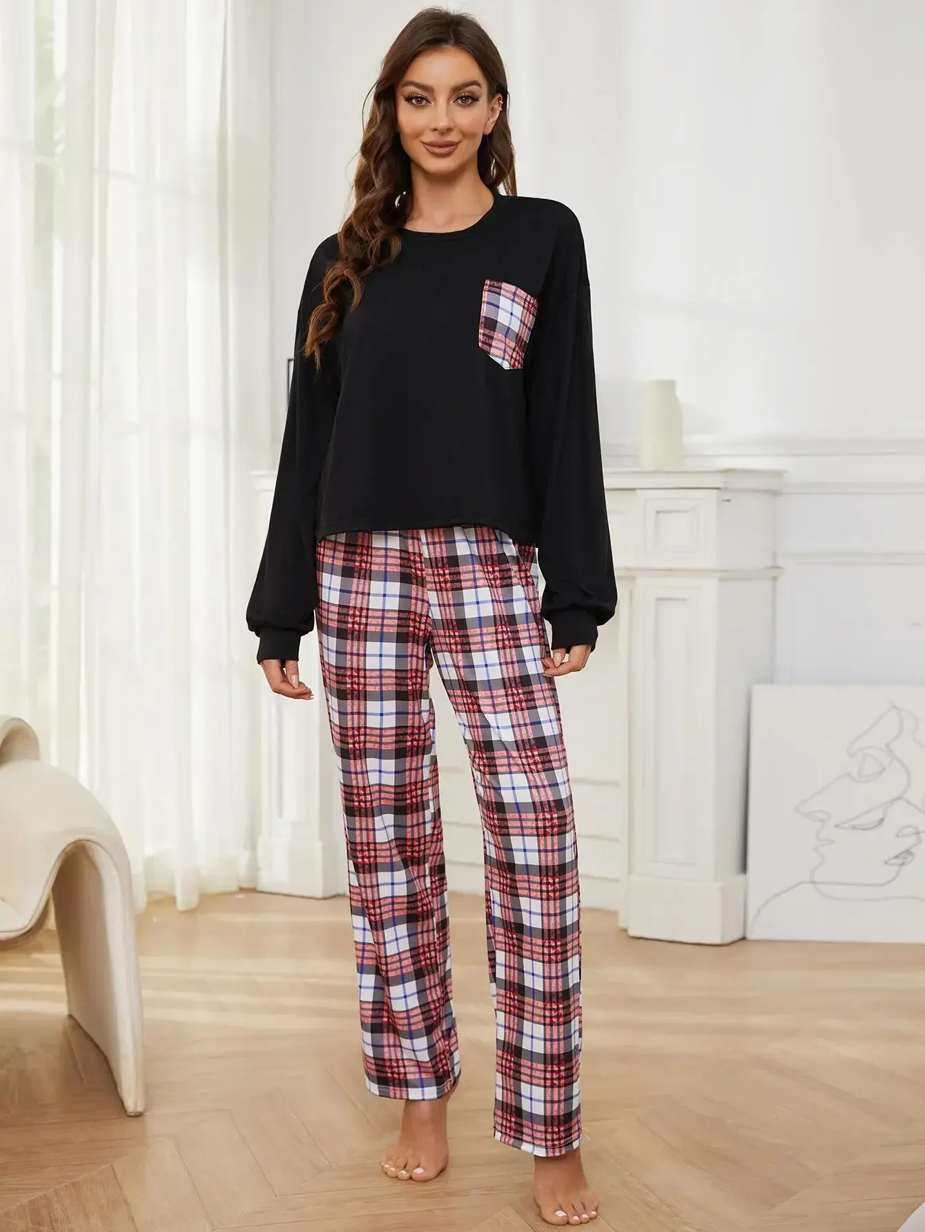 Women Pajama Set Long Sleeves Screw Neck Top & Plaid Full-Length Pants Fall Winter Spring Female Sleepwear 2 Piece Nightwear