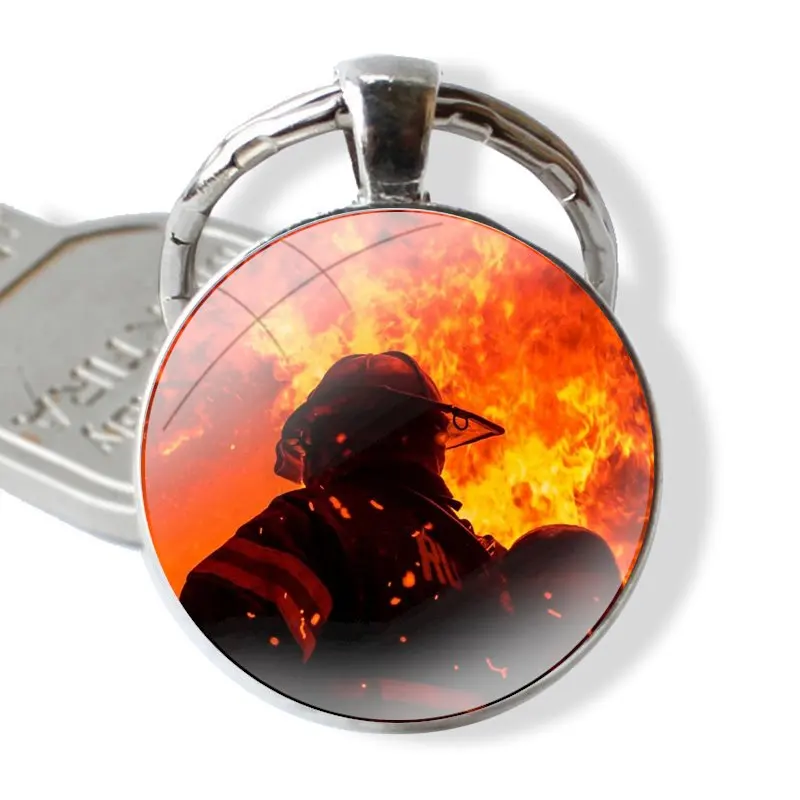 Firefighter Keychain Handmade Glass Cabochon Key Ring Holder Pendant Key Chains