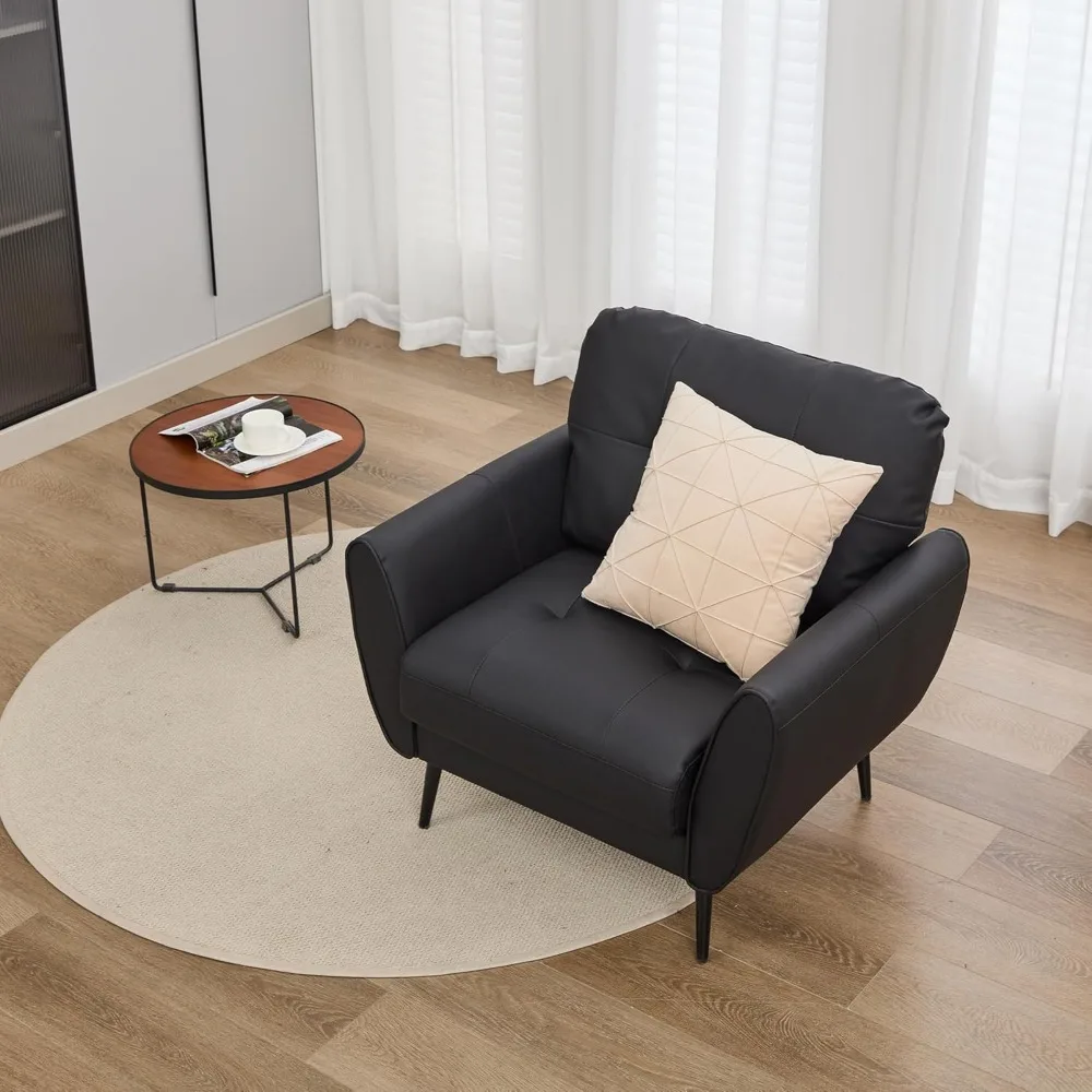 كرسي عصري مريح من الجلد الأسود لغرفة المعيشة بتصميم معنقدة ونمط منتصف القرن