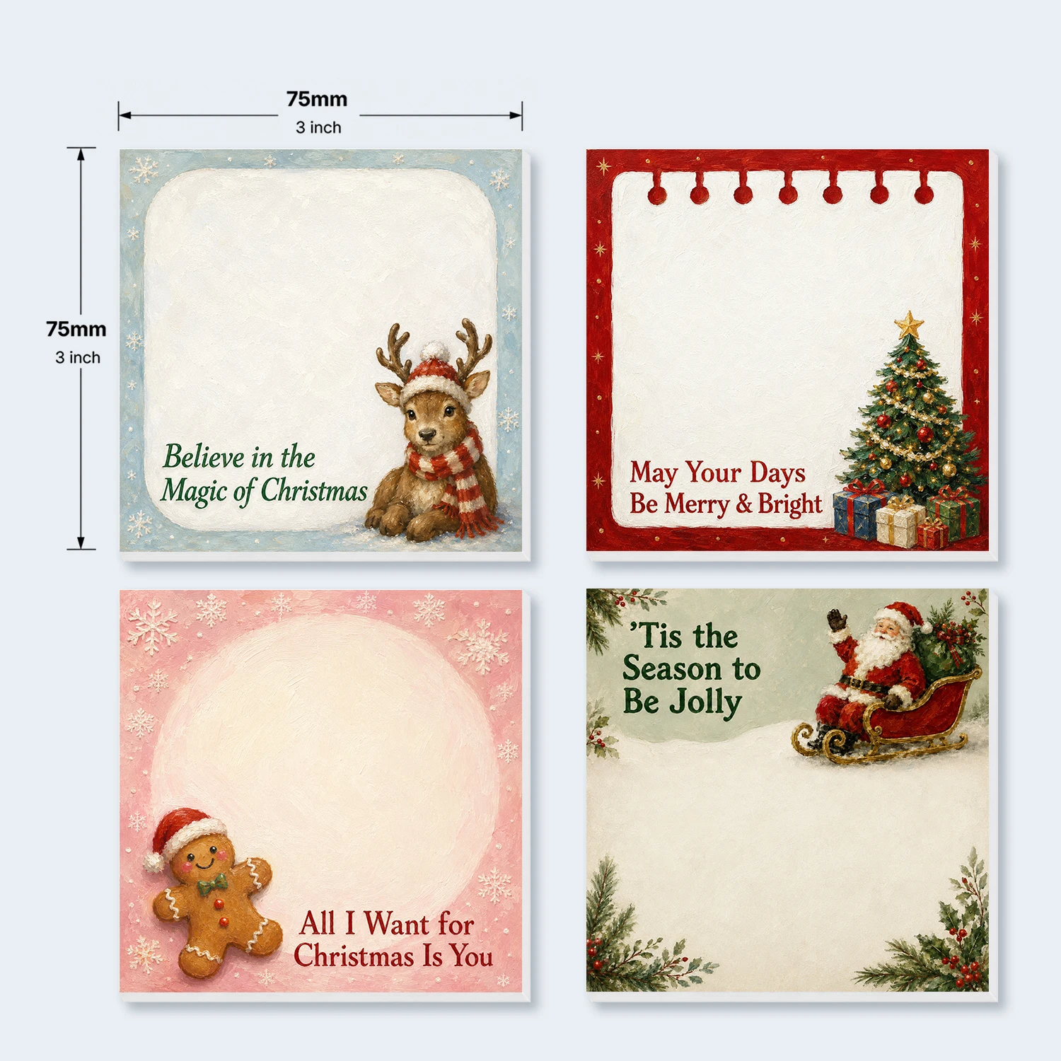 4PCS Christmas Self Adhesive Sticky Notes 200 Sheets Santa Reindeer Gingerbread Christmas Tree Holiday Memo Pads Cute Winter Off