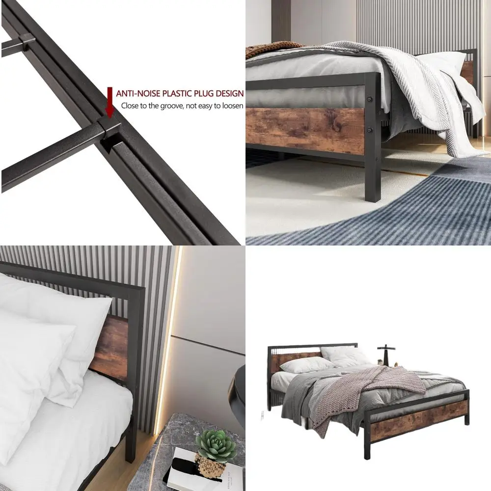 Brown Queen Size Wood Headboard Bed Frame with Storage, Heavy Duty Steel Slat Support, No Box Spring Needed, Mattress Foundation