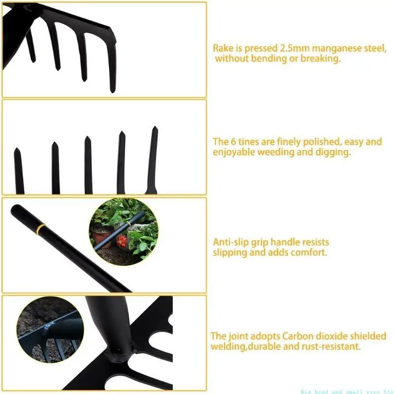 

581C Garden Hand Rake 6 Tines Metal Garden Cultivator Rake Small Tiller Tools with High Carbon Steel Heads for Planting