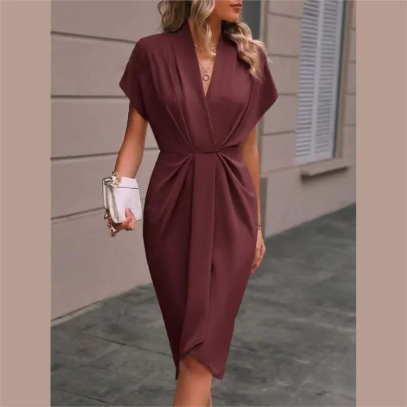 Women Elegant Short Sleeve Midi Dress New Spring Summer Sexy Deep V Neck Draped High Waist Office Party Boho Long Dresses