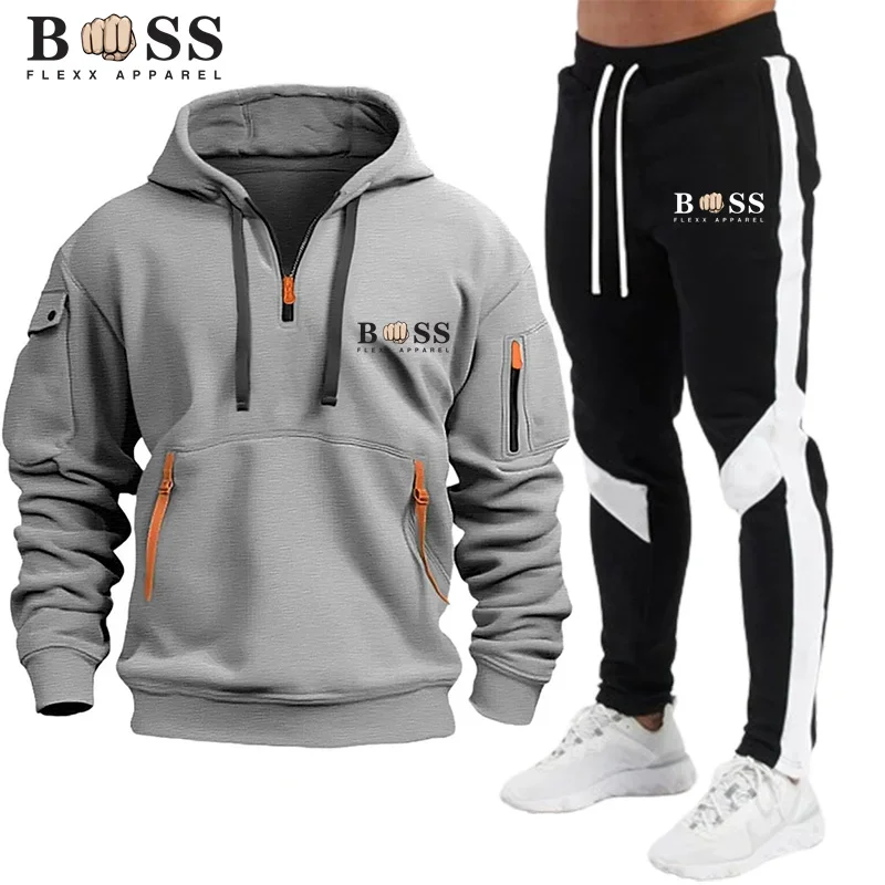 Nova jaqueta masculina com zíper, pulôver com capuz, calças esportivas, esportes casuais jogging roupas esportivas, conjunto de 2 peças para roupas de rua masculinas