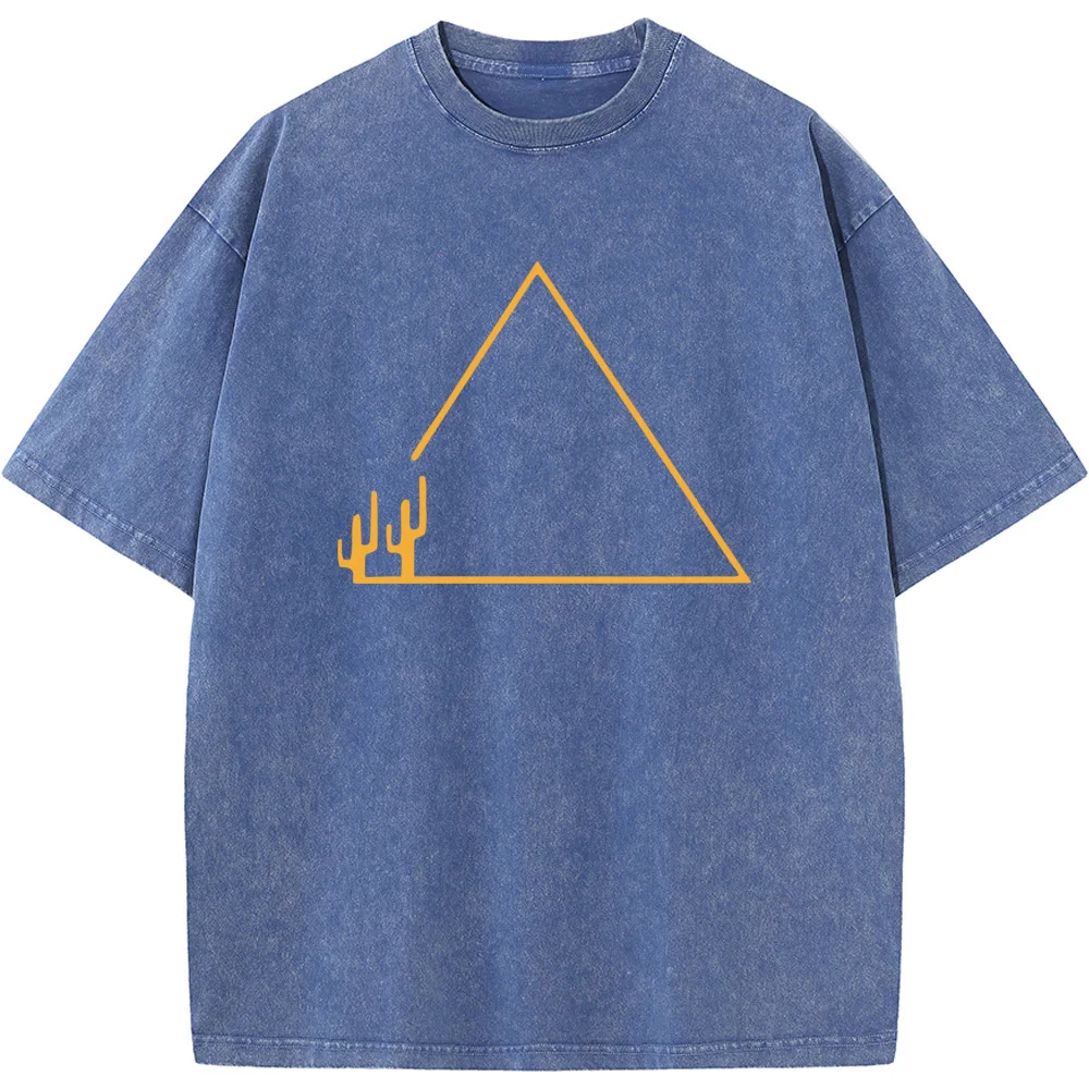 230g Fashion Loose Washed T-Shirt Men's Geometric Triangle Cactus Short-Sleeved Shirt ​Cotton Summer Cotton Bleached Tshir