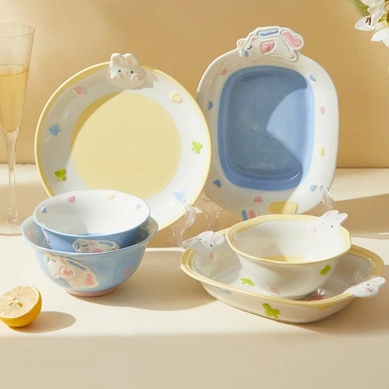 Super Cute Relief Plate Dreamy Girl Heart Ceramic Tableware Rabbit Bowl Household Children Rice Bowl Soup Bowl Vegetable Plate