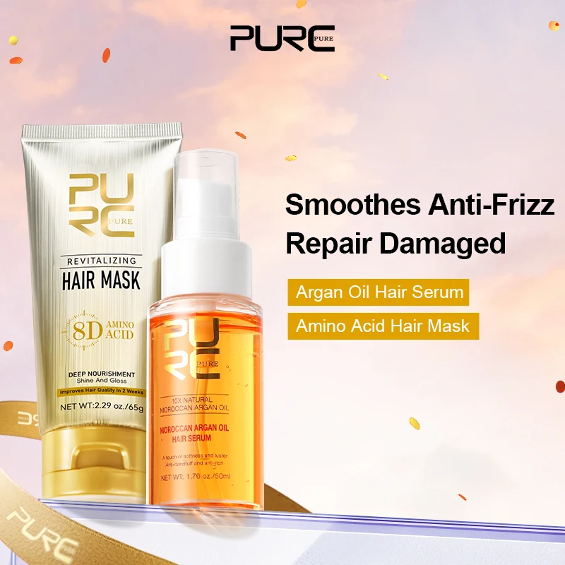 PURC Amino Acids Hair Mask + Morocco Argan Oil Hair Serum Repair Damaged Frizz Anti-Dandruff Scalp Treatment Hair Care Products