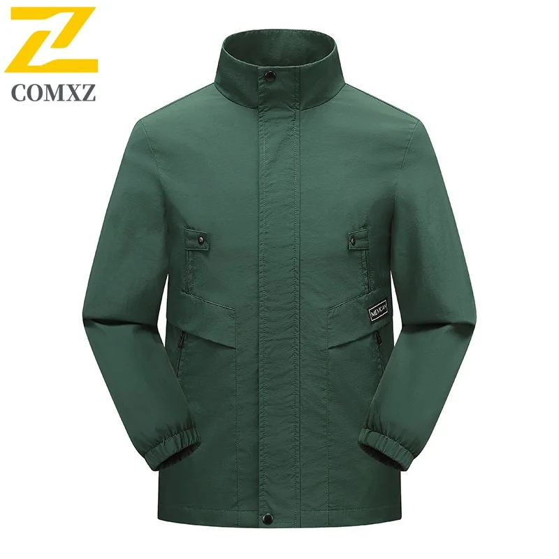 

COMXZ Men Windbreaker Coat 2025 Solid Color Outdoor Fly Fishing Hiking Standing Collar Jacket with No Hood Lightweight Outerwear