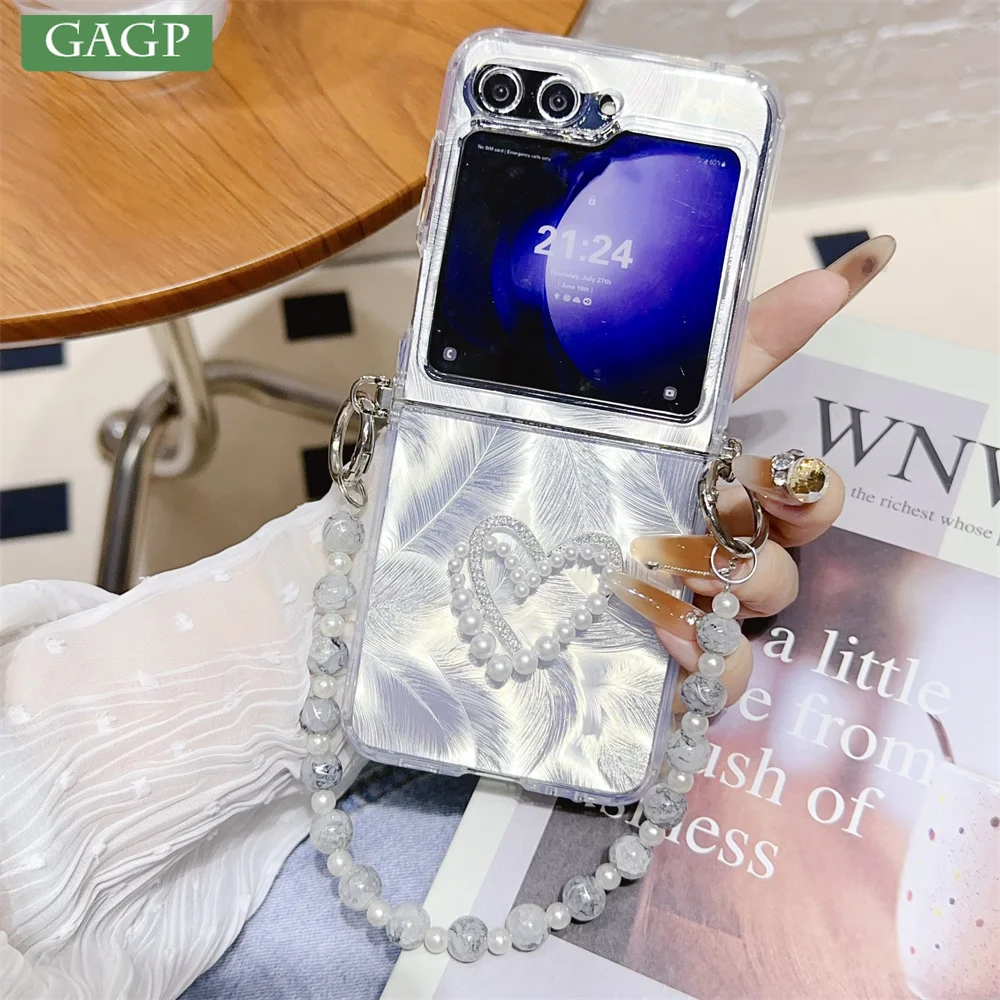 Feather Love Heart Chain Lanyard Laser Case For Samsung Galaxy Z Flip 6 5 Flip6 Scarves Clear Pearl Cover For Galaxy Flip 3 4