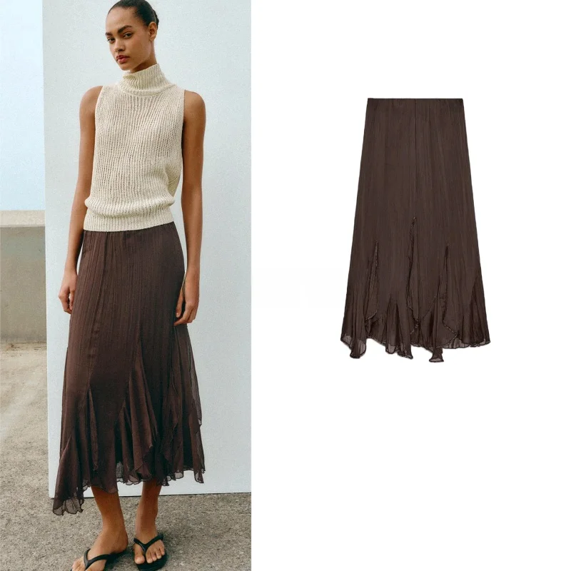 

Весна 2026: Новая женская повседневная юбка миди А-силуэта с асимметричным кружевным декором и перекрестными вставками, средняя талия, полиэстер