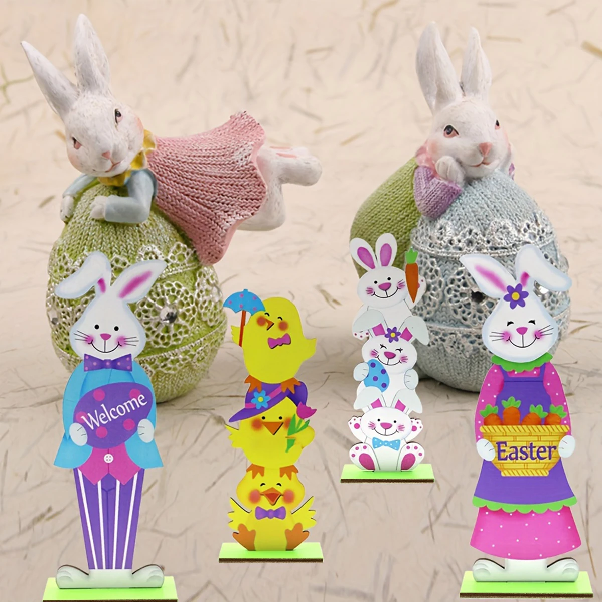 1set/4pcs Easter Wooden Bunny Ornament, Rabbit Shape Tabletop Decoration, For Easter Spring Home Decor, Easter Perfect Gift